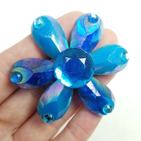 Vintage Jewelry - Vintage Blue Flower Shape Brooch, Fun Iridescent 90s Y2K Style Lapel Pin Estate